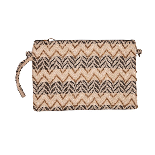 Neutral Chevron &amp; Leaf Pattern Clutch – Woven Texture