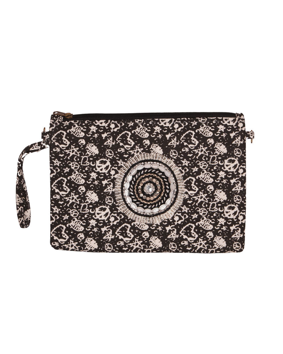 Black Skull Print Pouch with Mirror Mandala Embellishment