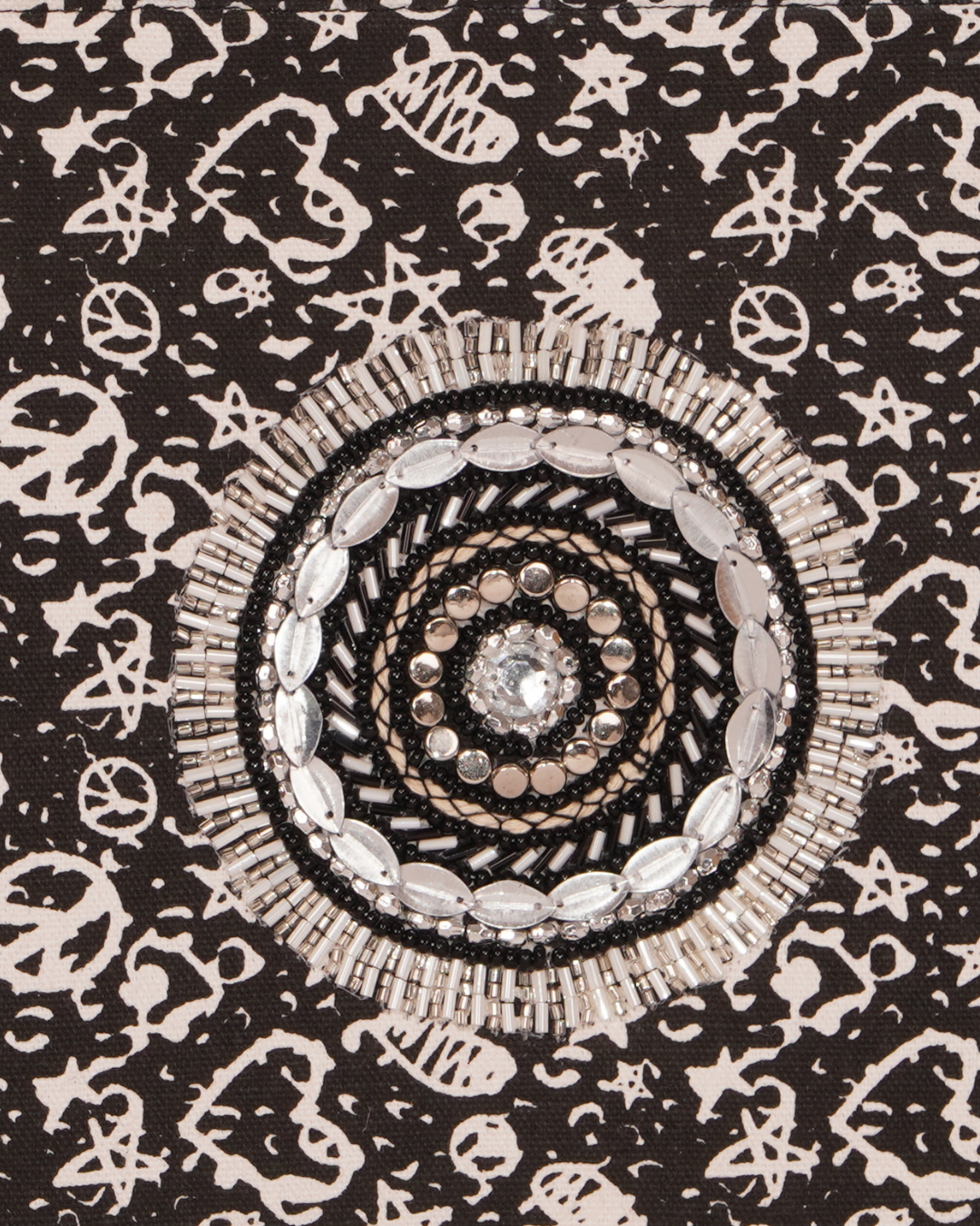 Black Skull Print Pouch with Mirror Mandala Embellishment