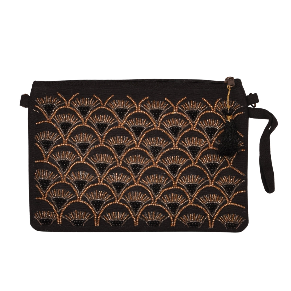 Art Deco Beaded Clutch with Black Tassel – Midnight Glam