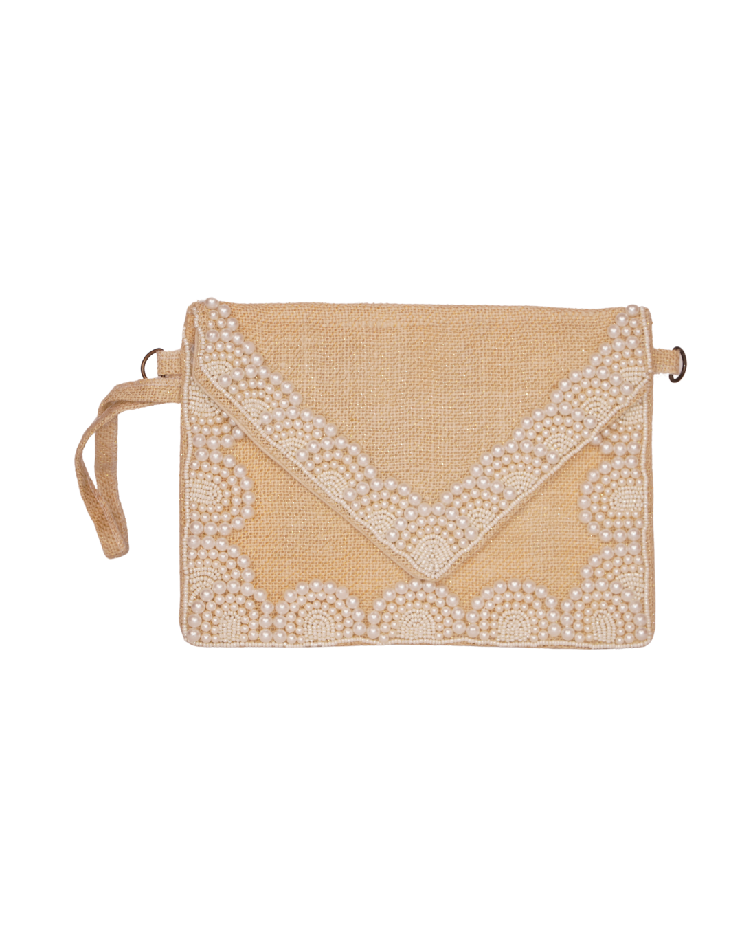Pearl Embroidered Jute Envelope Clutch