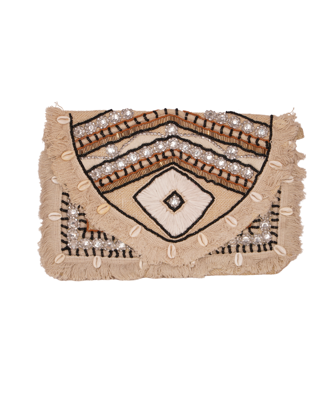 Boho Mirror Work Clutch with Shells & Fringes