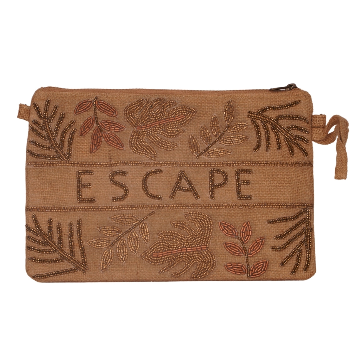 "ESCAPE" Embroidered Jute Pouch – Tropical Leaf Design