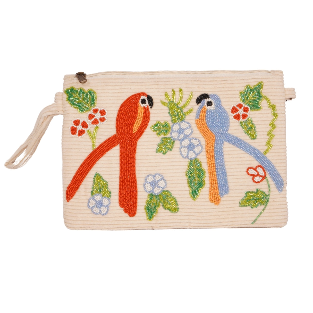 Tropical Parrot Beaded Clutch – Cream Canvas