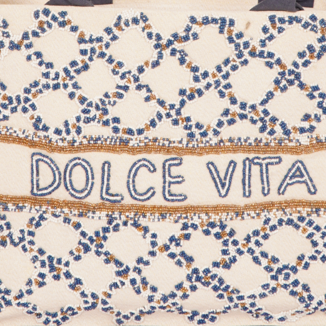 “DOLCE VITA” Embroidered Tote Bag – Cream &amp; Navy Blue