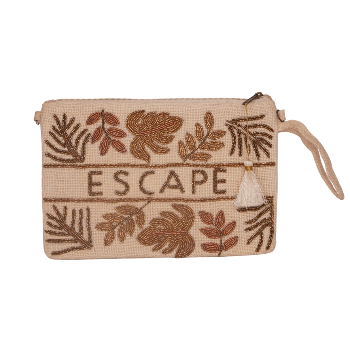 "ESCAPE" Tropical Leaf Jute Clutch – Beige with Tassel