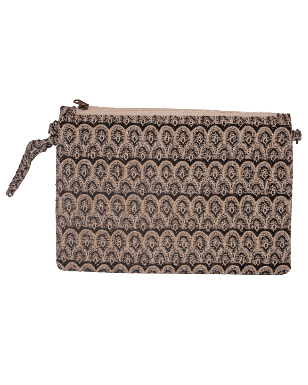 Black & Beige Brocade Patterned Canvas Pouch