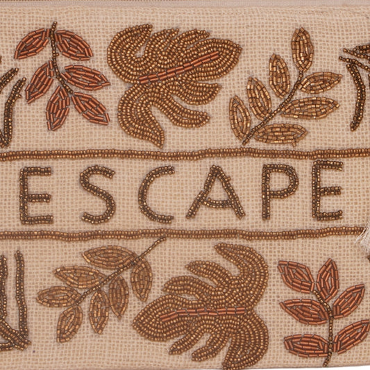 "ESCAPE" Tropical Leaf Jute Clutch – Beige with Tassel