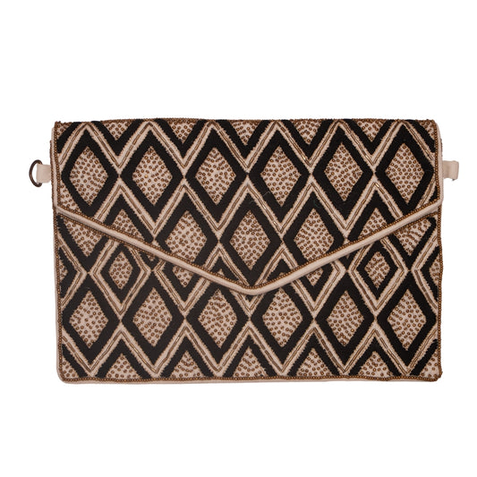 Diamond Geometric Beaded Envelope Clutch – Black &amp; Beige