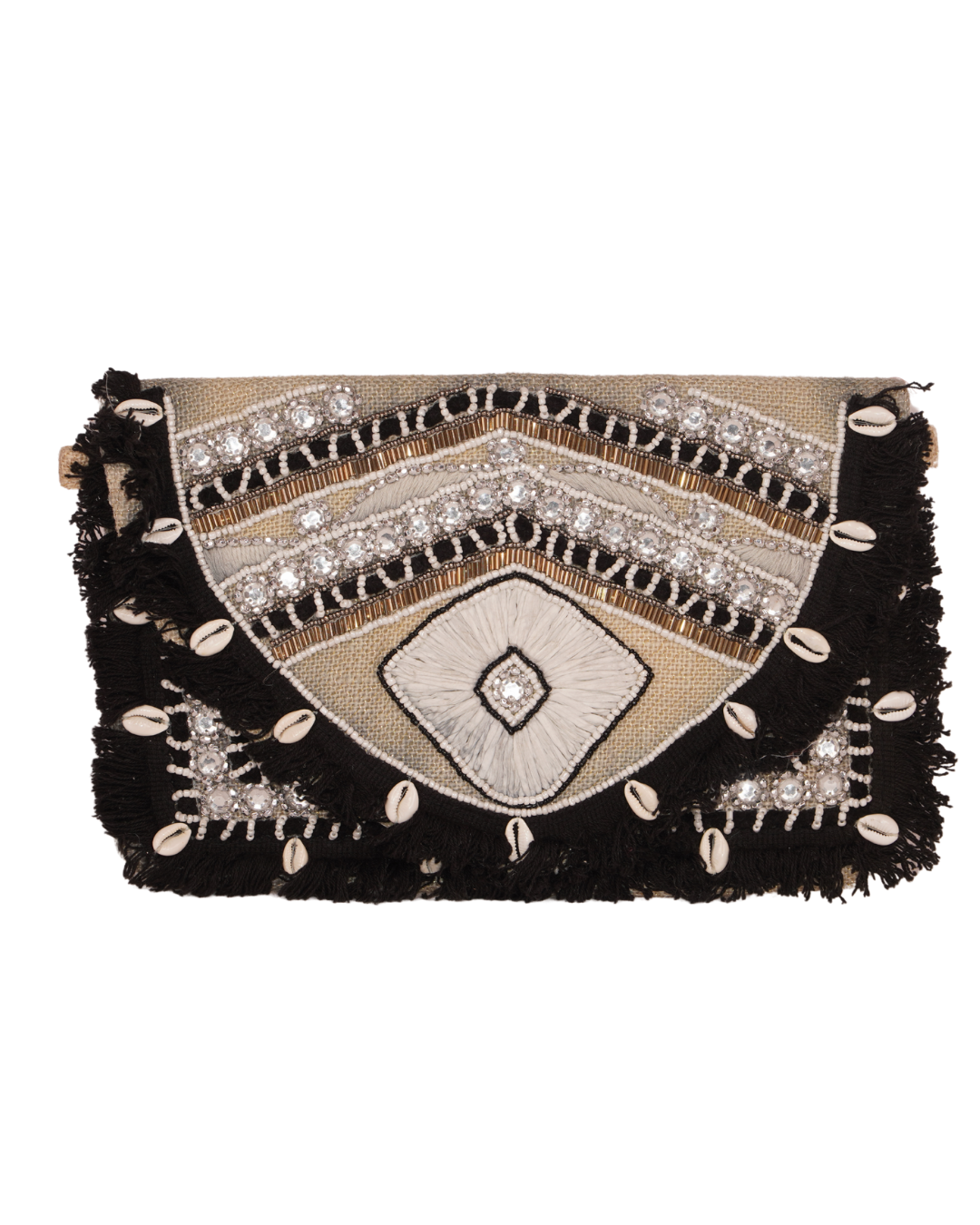Black Boho Luxe Clutch with Mirrors, Shells & Fringe