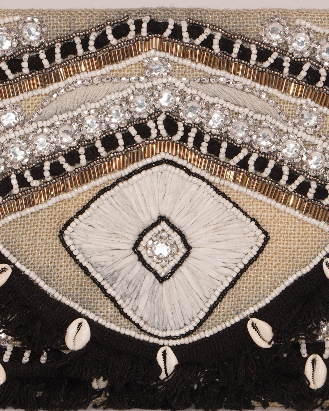 Black Boho Luxe Clutch with Mirrors, Shells & Fringe