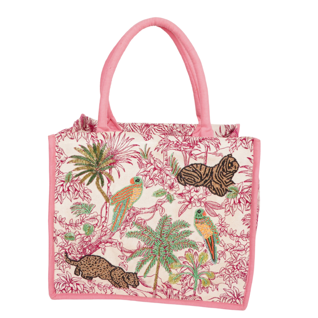 Tropical Jungle Embroidered Tote Bag – Pink Trim