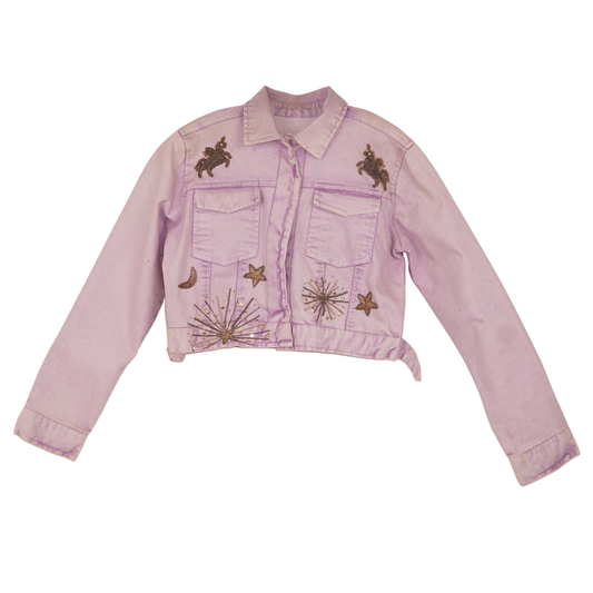 Lavender Celestial Embroidered Cropped Denim Jacket