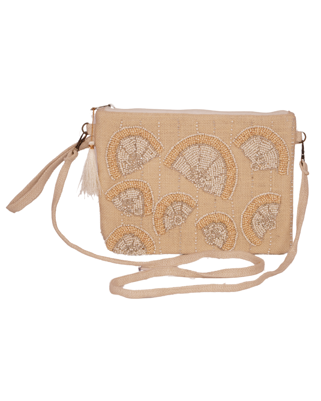 Beige Beaded Sling Bag with Lemon Motif