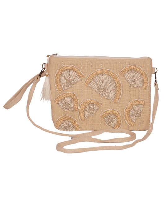 Beige Beaded Sling Bag with Lemon Motif