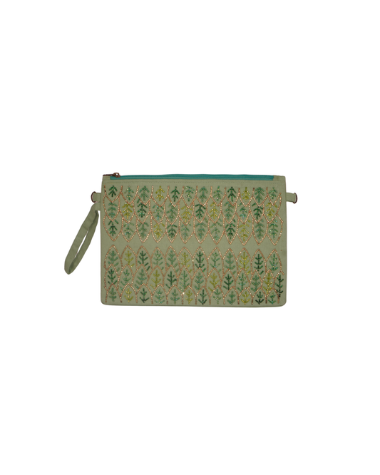 Green Leaf Embroidered Canvas Pouch