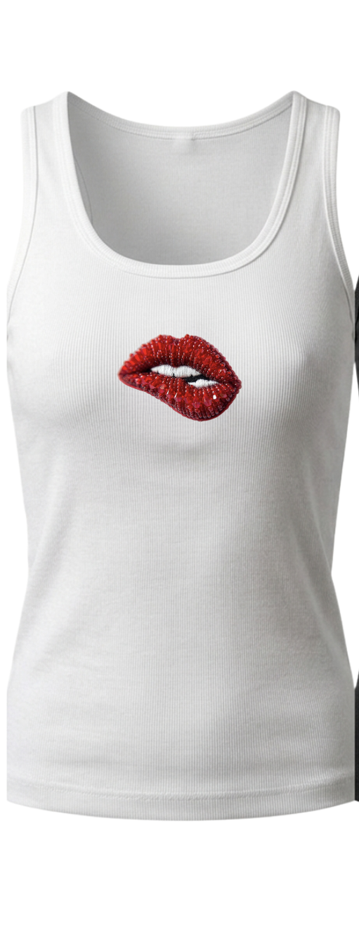 Women’s Beaded Lips Ribbed Tank Top