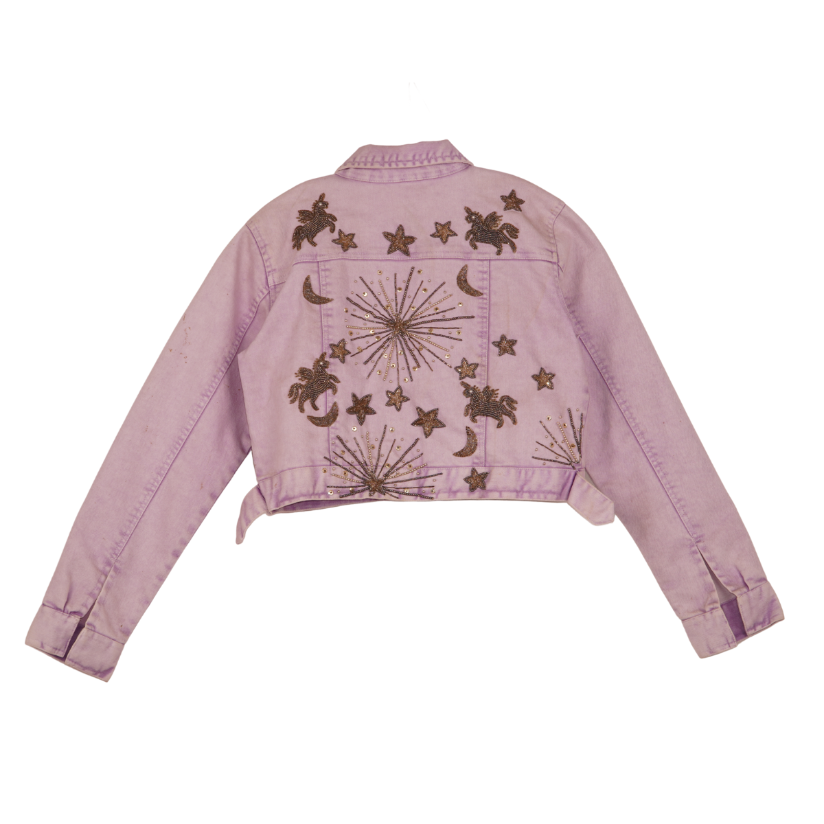 Lavender Celestial Embroidered Cropped Denim Jacket