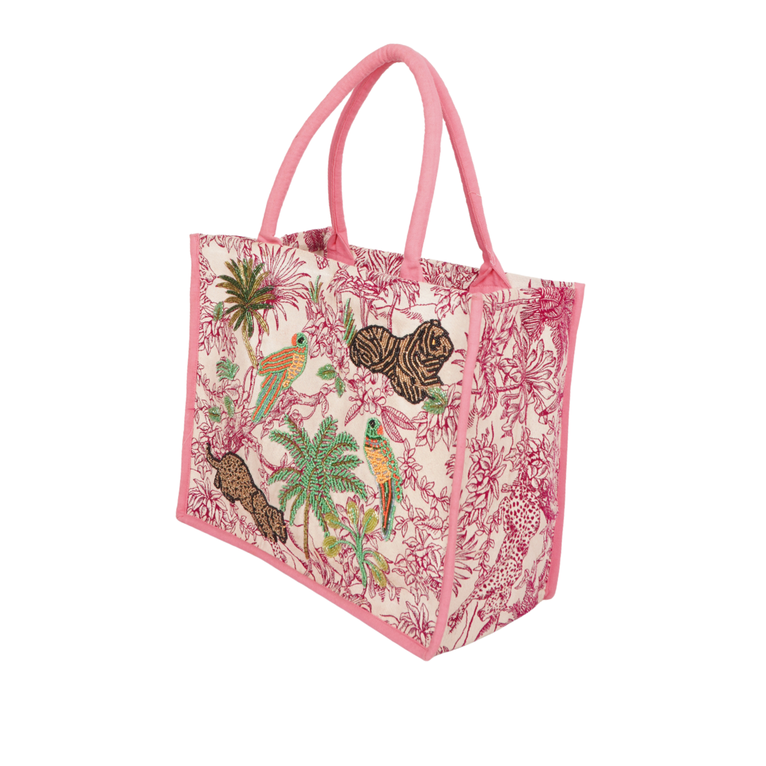 Tropical Jungle Embroidered Tote Bag – Pink Trim
