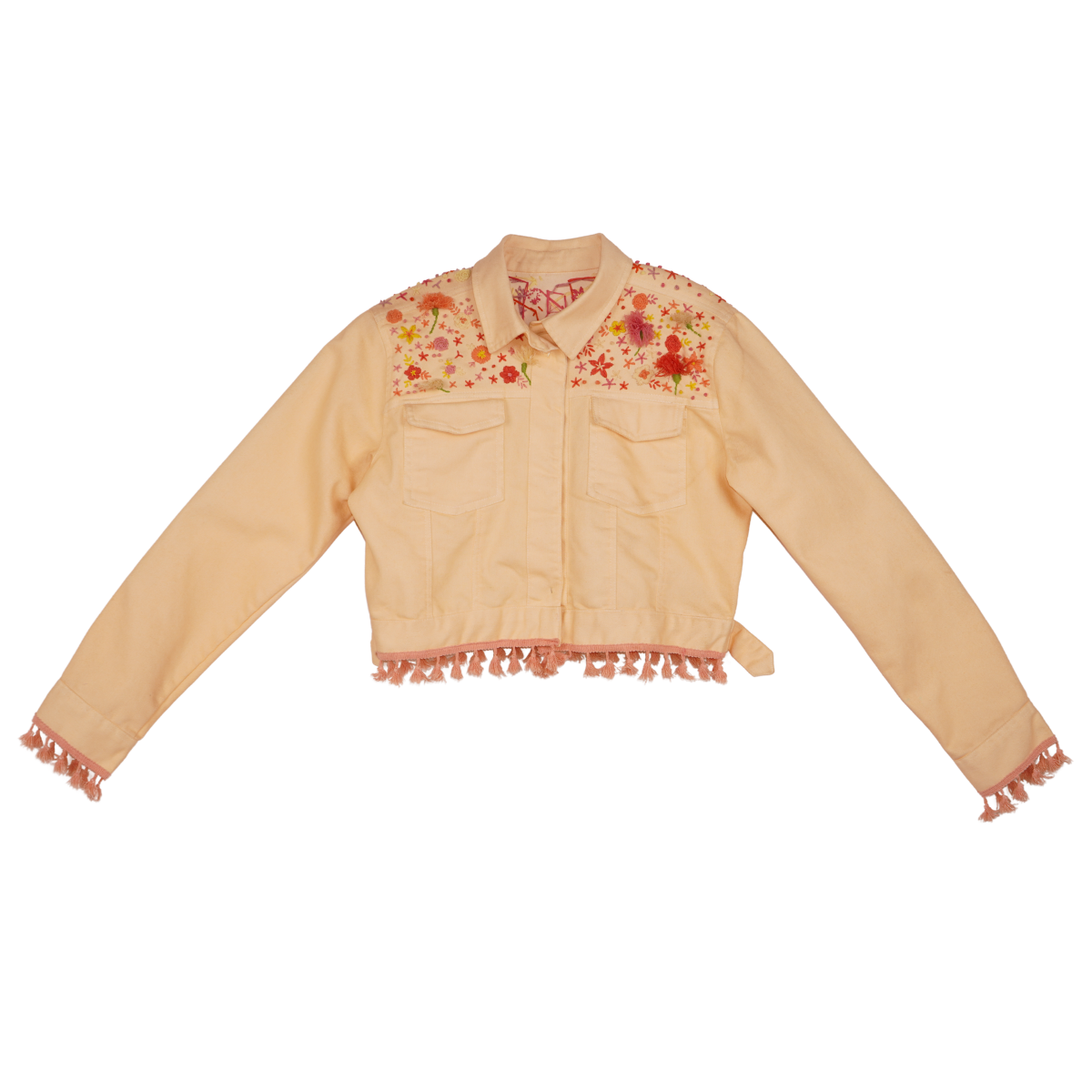 Pastel Yellow Floral Embroidered Cropped Denim Jacket