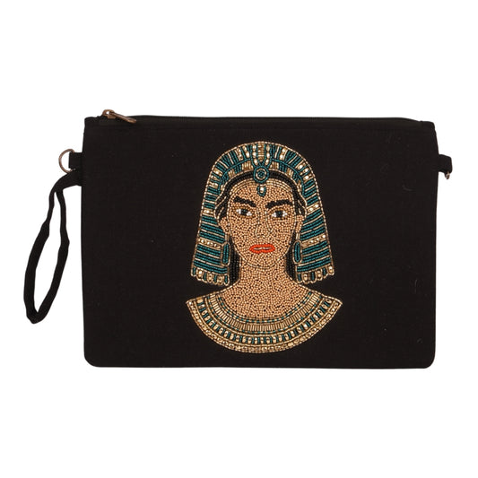 Cleopatra-Inspired Beaded Clutch – Black Canvas