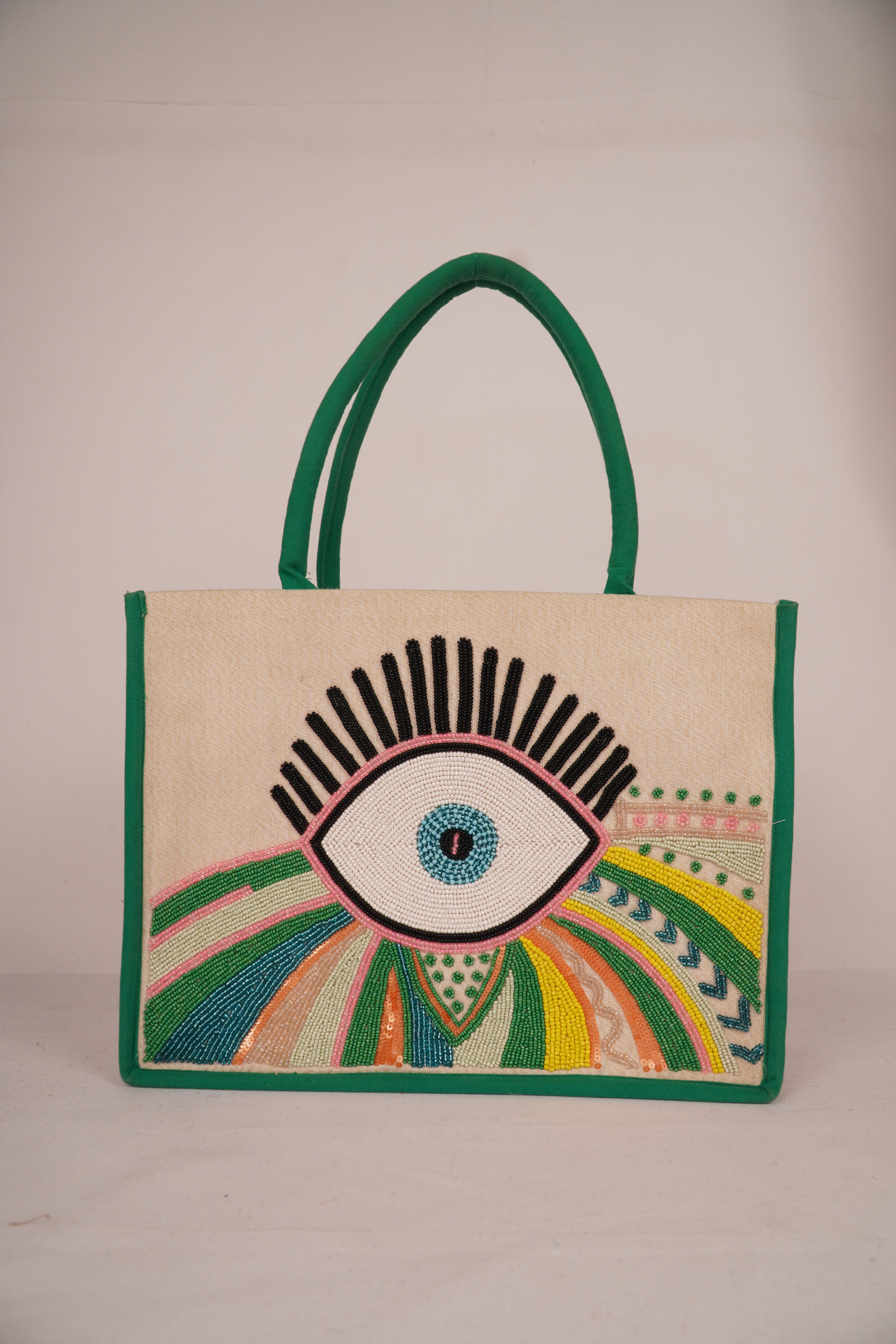 Radiant Eye Tote – Pink Trimmed Boho Chic Statement Bag