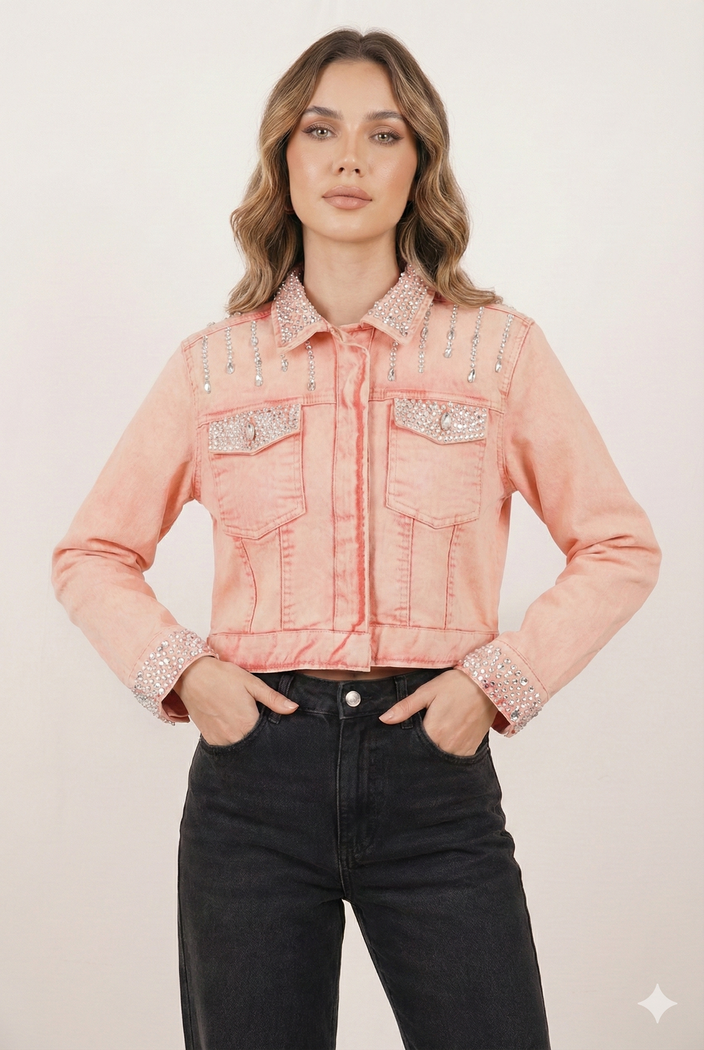 Embellished Blush Pink Cropped Denim Jacket