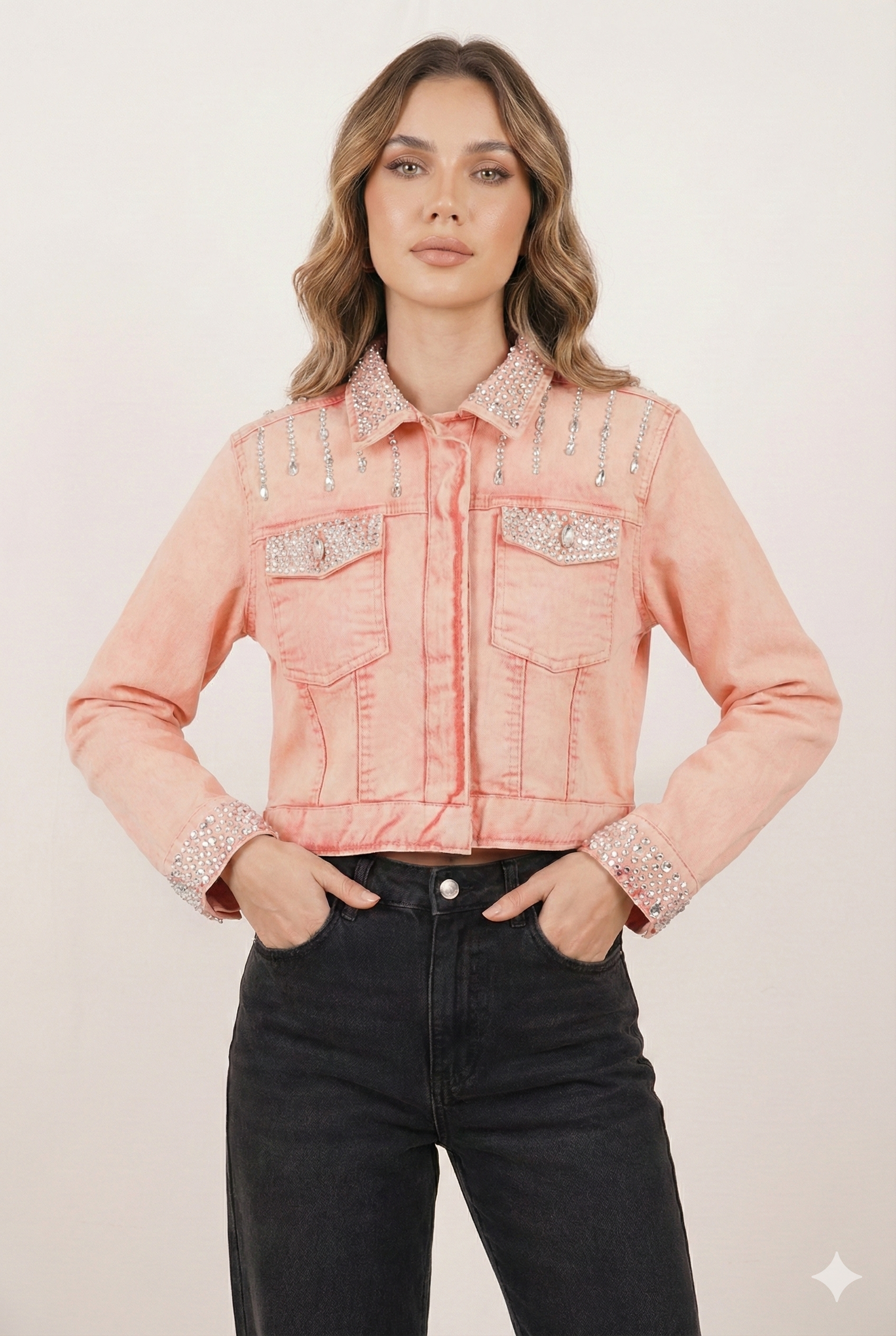 Embellished Blush Pink Cropped Denim Jacket