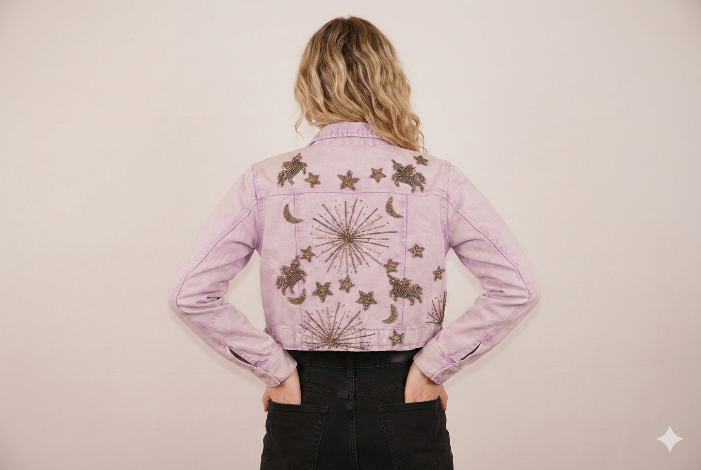 Lavender Celestial Embroidered Cropped Denim Jacket