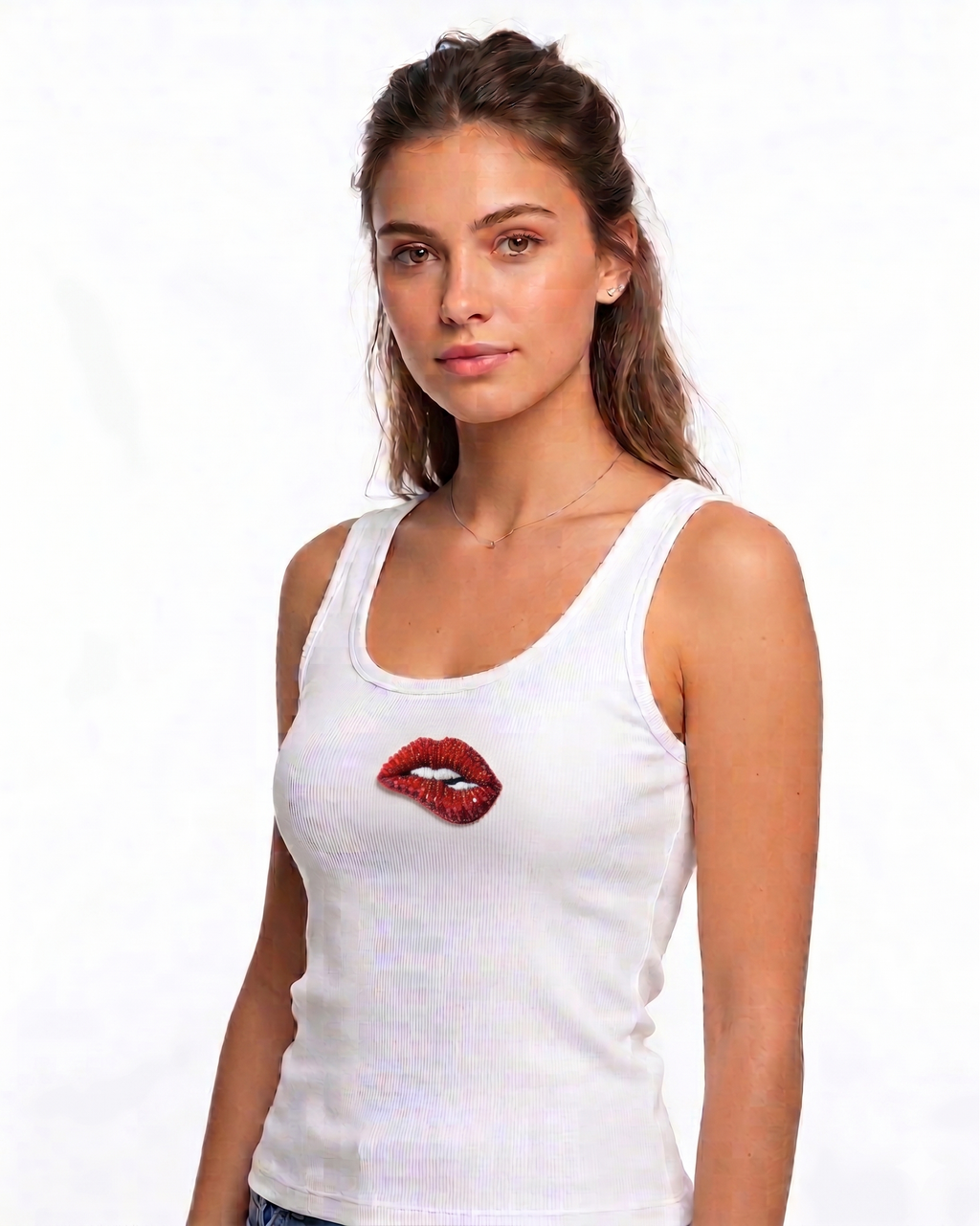 Women’s Beaded Lips Ribbed Tank Top