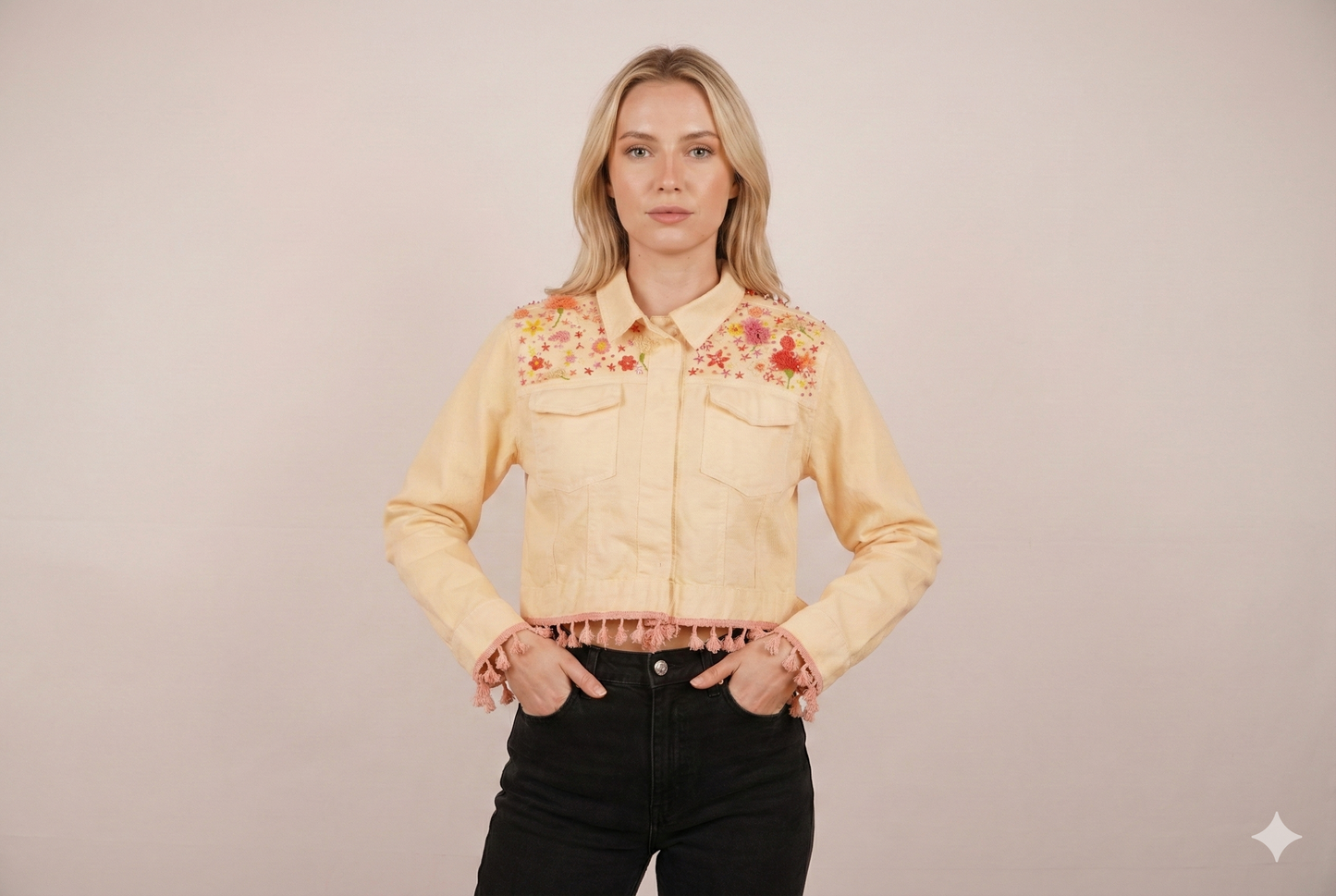 Pastel Yellow Floral Embroidered Cropped Denim Jacket