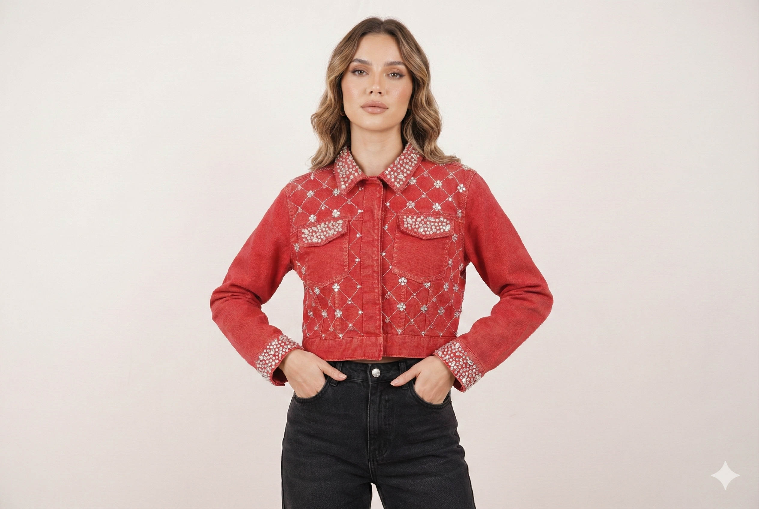 Embellished Red Denim Jacket
