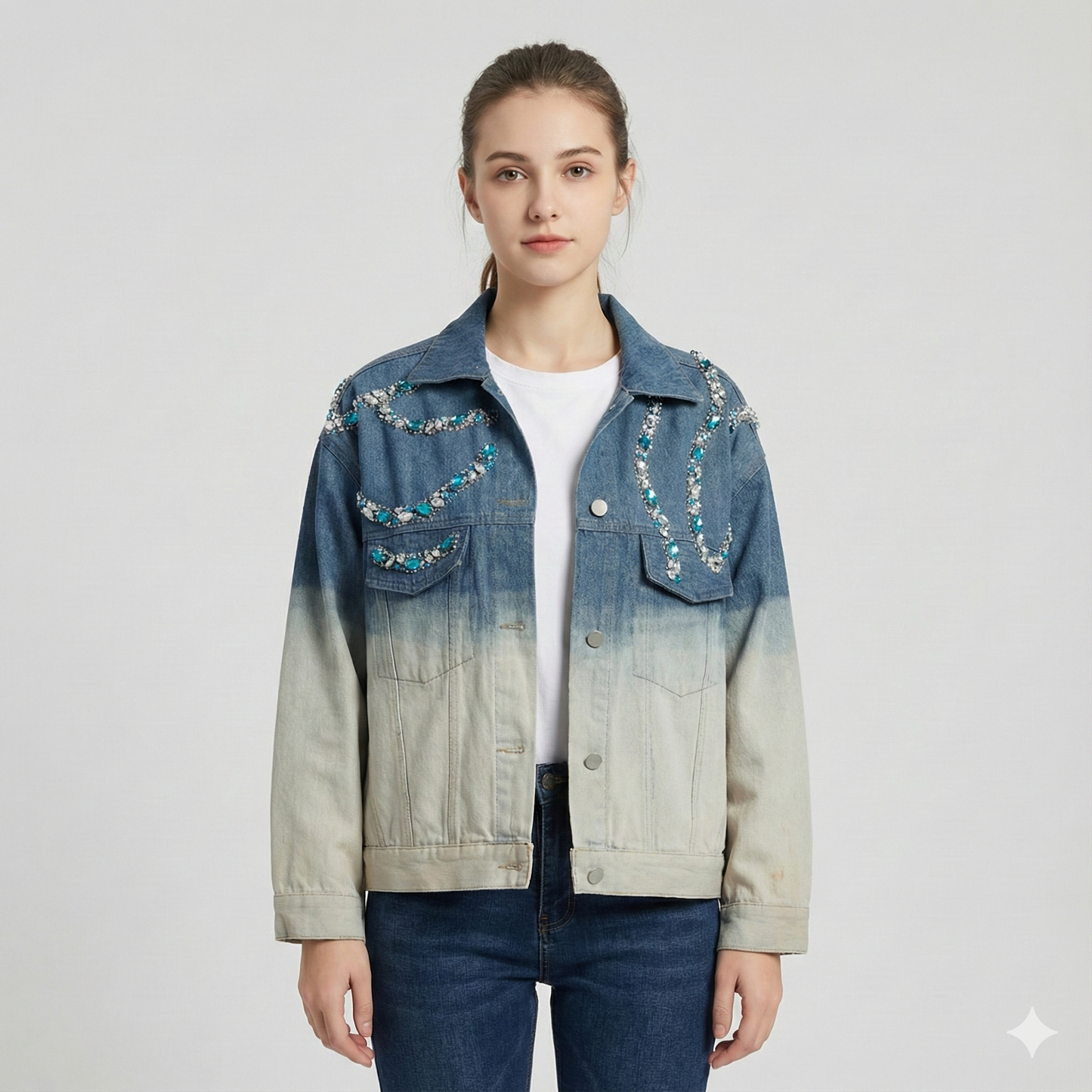 Crystal Embellished Ombré Denim Jacket for Women – Hand-Beaded Statement Jean Jacket