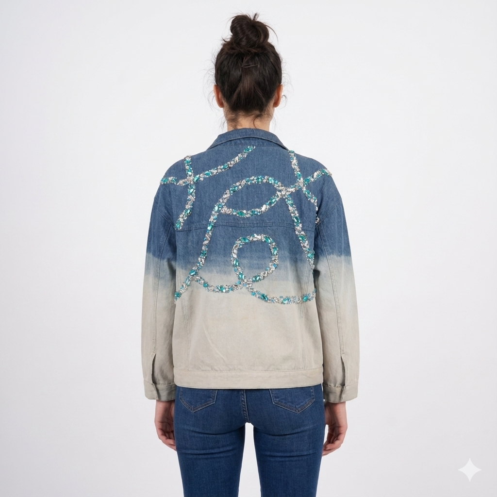 Crystal Embellished Ombré Denim Jacket for Women – Hand-Beaded Statement Jean Jacket