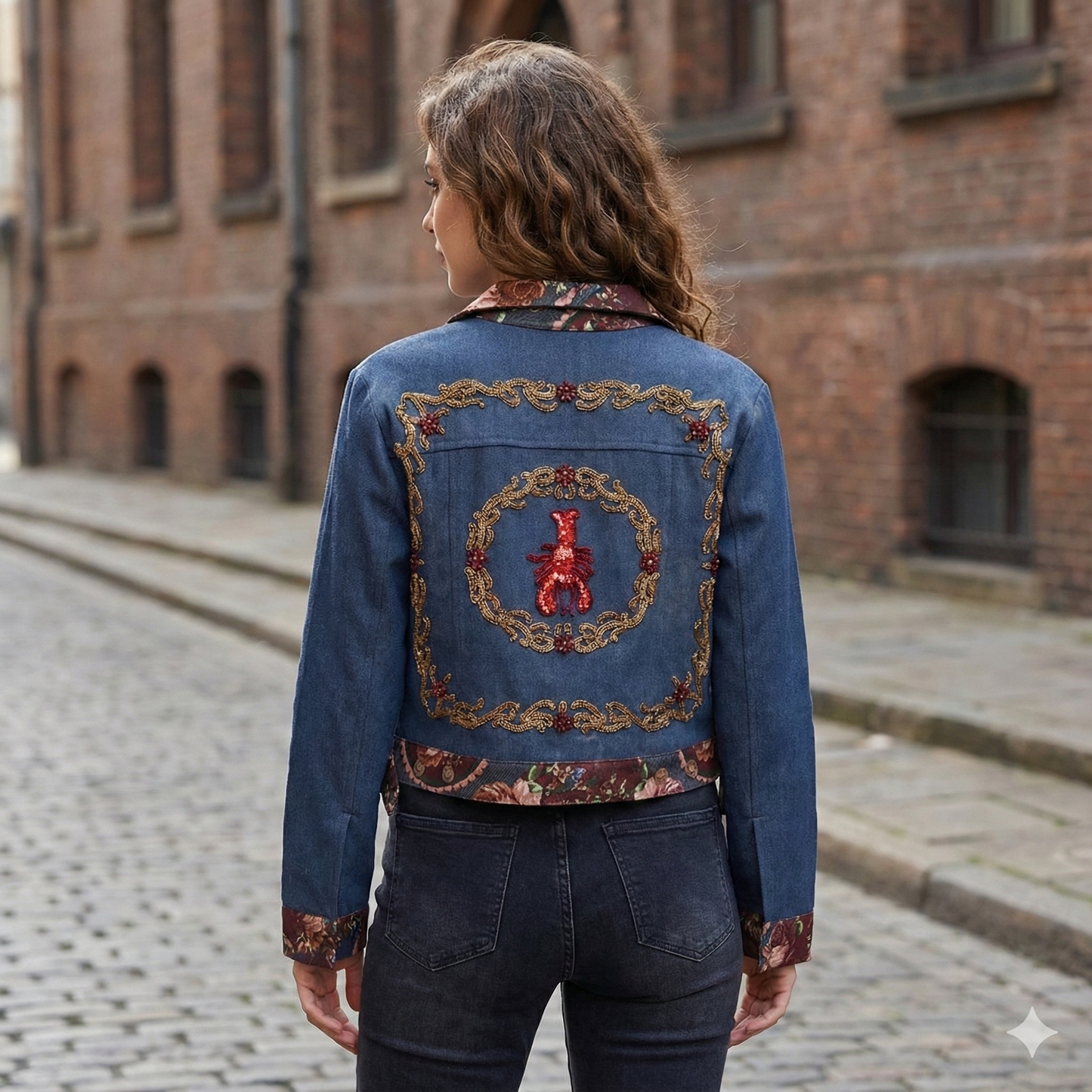 Sacred Heart Embroidered Denim Jacket for Women – Vintage Floral Trim Statement Jacket