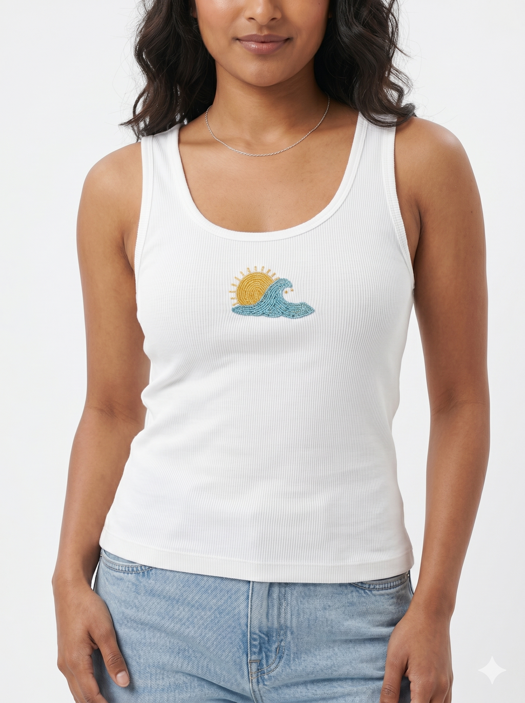 Women’s Ribbed Tank Top with Hand-Beaded Sun & Wave