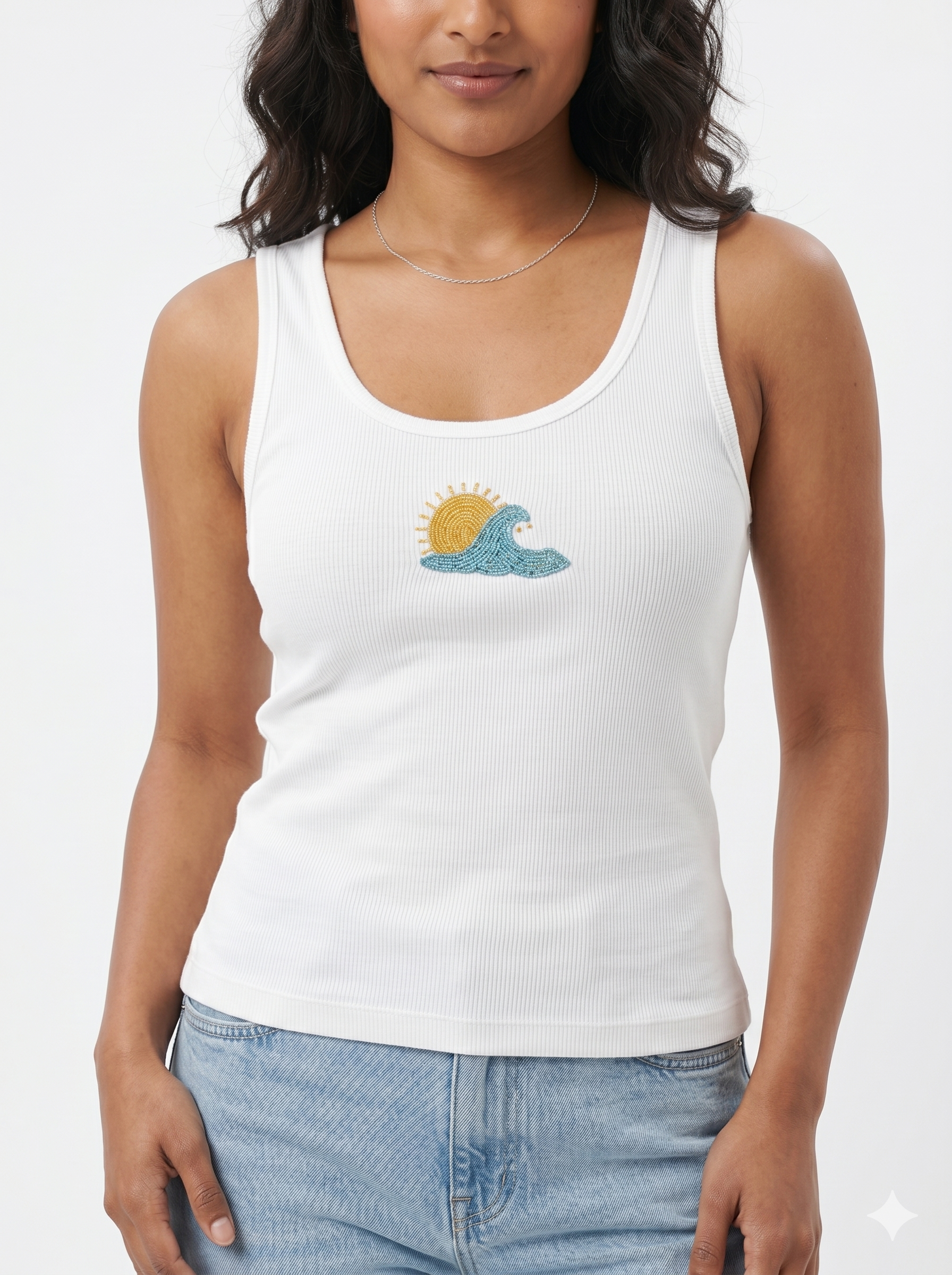 Women’s Ribbed Tank Top with Hand-Beaded Sun & Wave