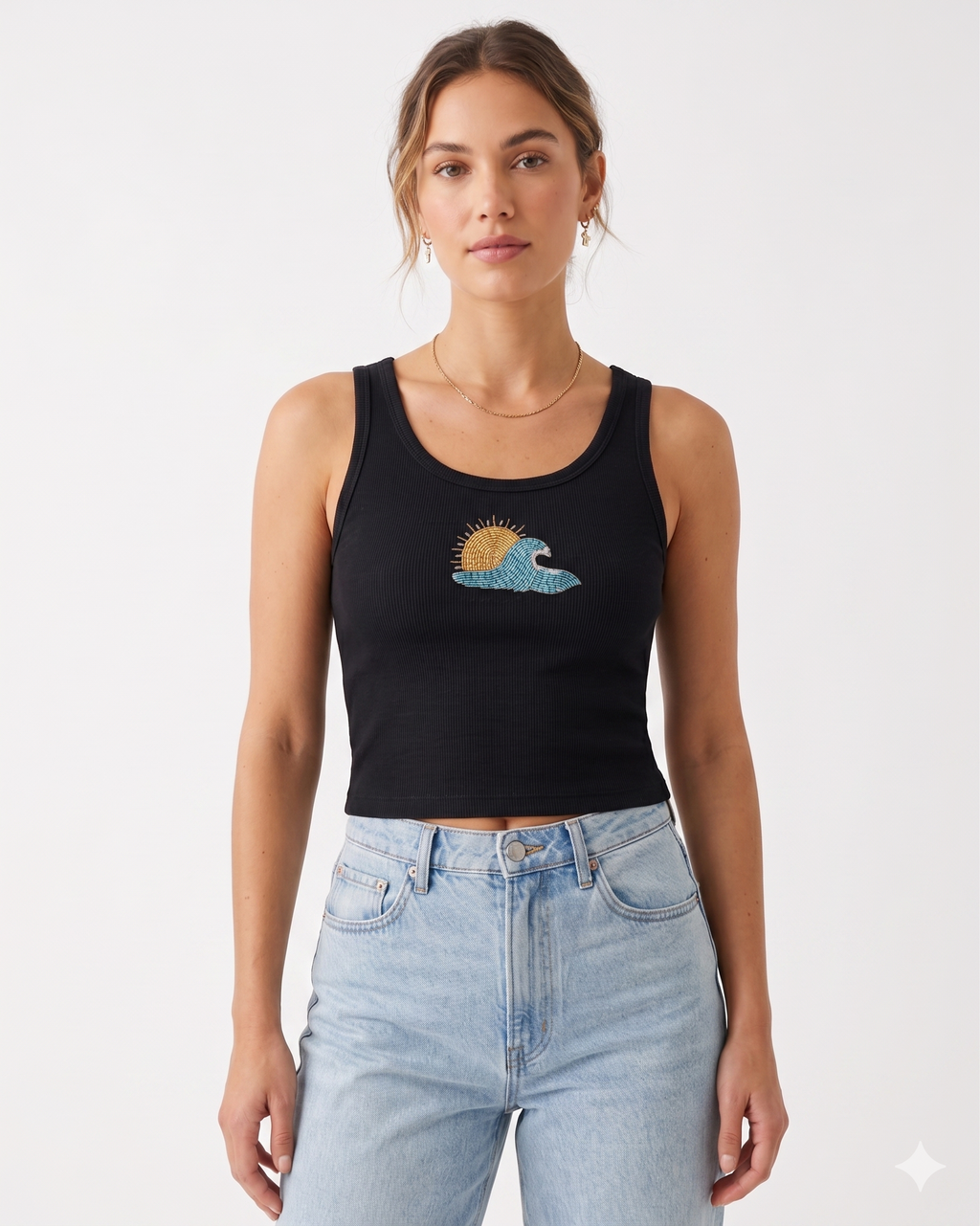 Women’s Ribbed Tank Top with Hand-Beaded Sun & Wave