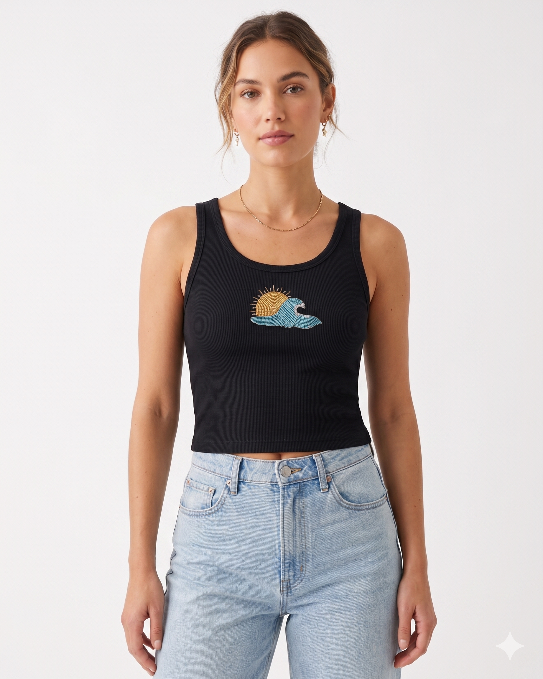 Women’s Ribbed Tank Top with Hand-Beaded Sun & Wave