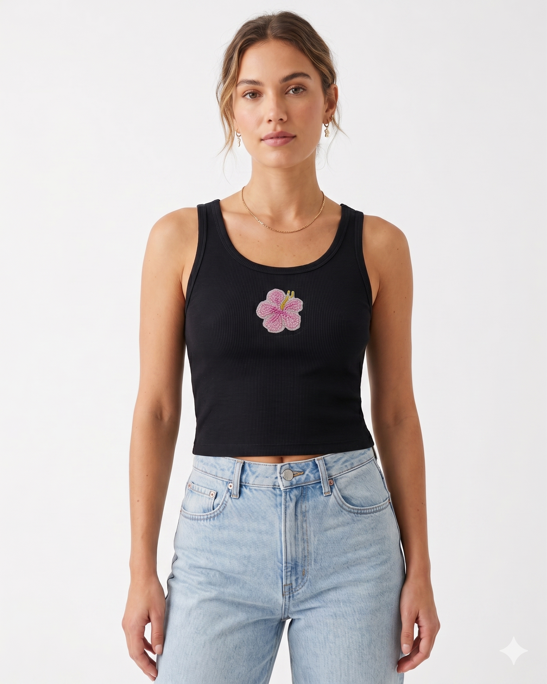 Women’s Beaded Hibiscus Ribbed Tank Top