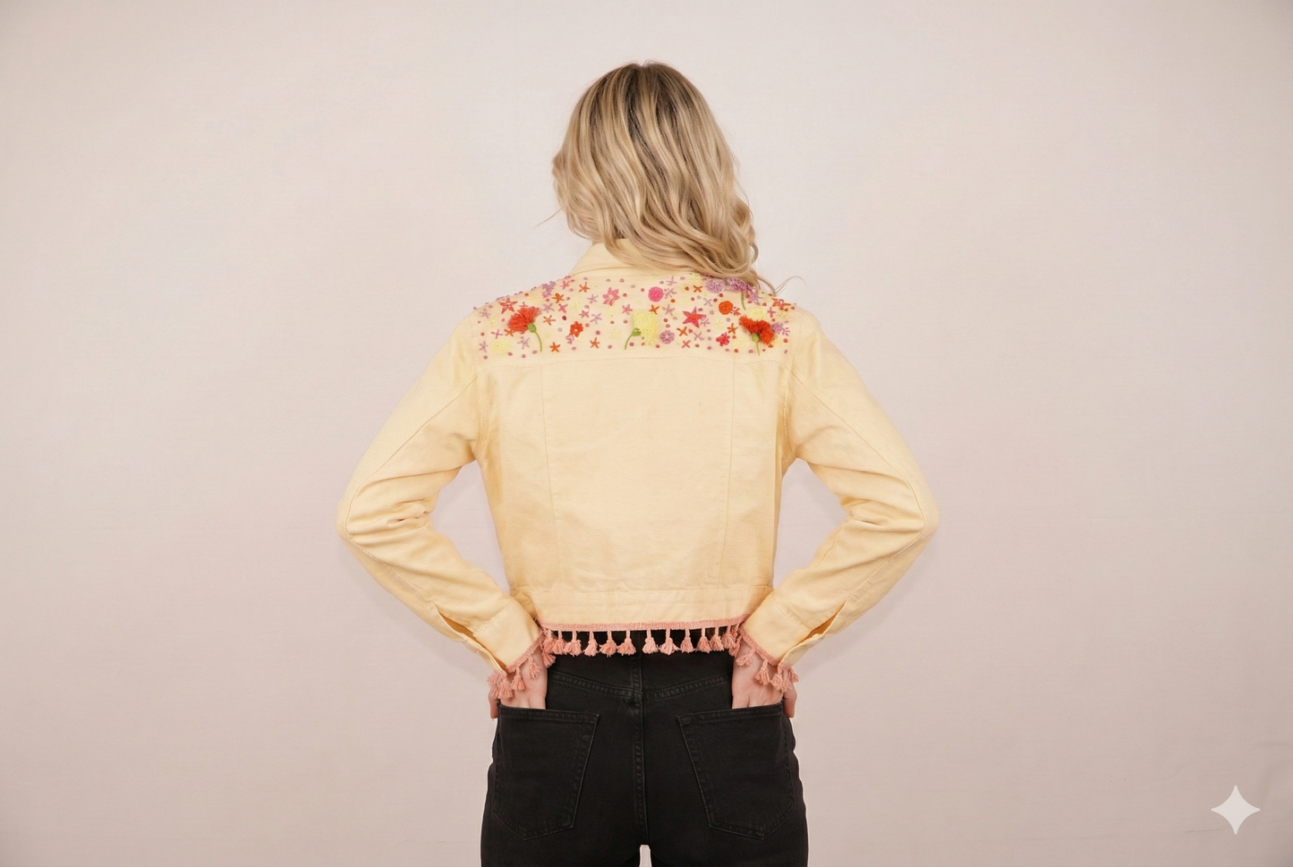 Pastel Yellow Floral Embroidered Cropped Denim Jacket